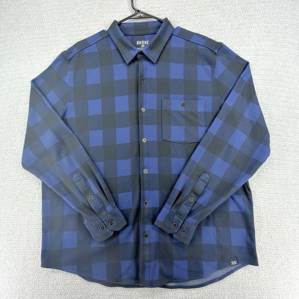 Rhone Hardy Flannel Shirt Mens XL‎ Blue Plaid Performance Stretch Button Up